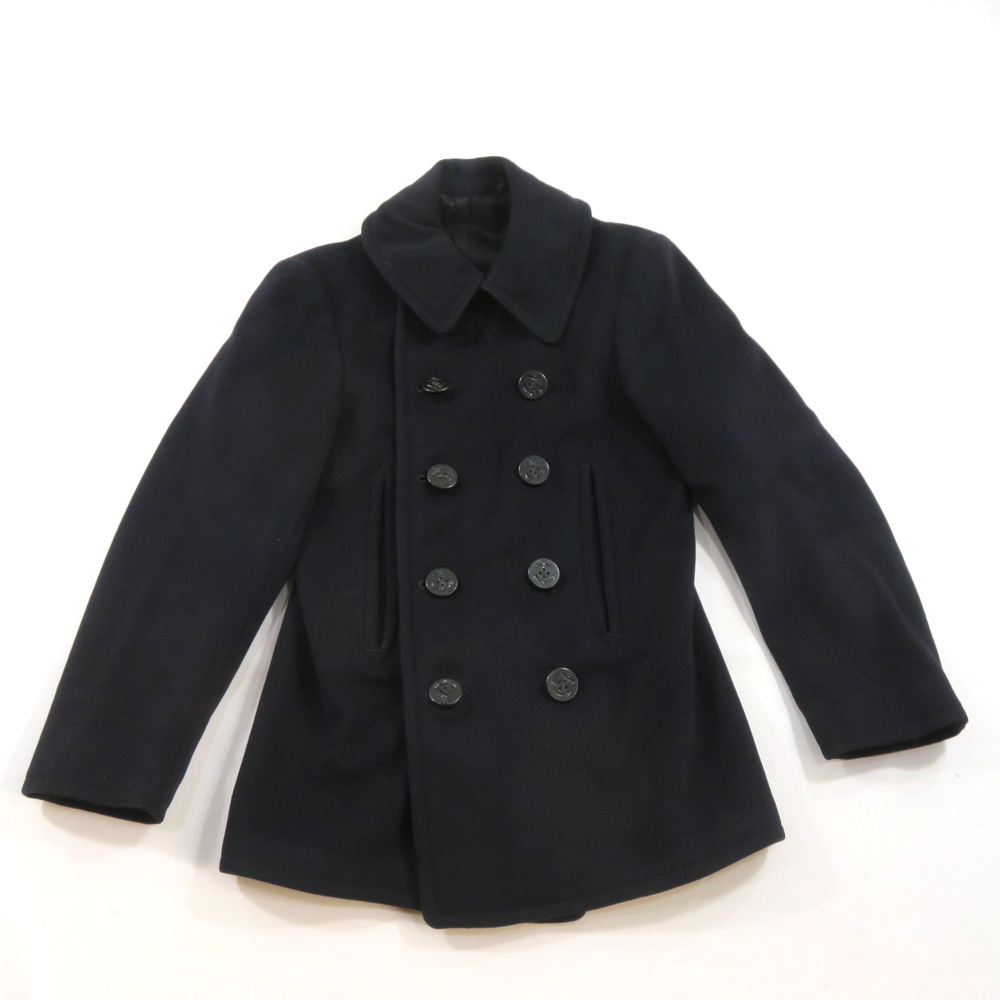 MILITARY PEA COAT USN WWII 1940s Corduroy Pockets 10 Buttons Chin Strap Sz S